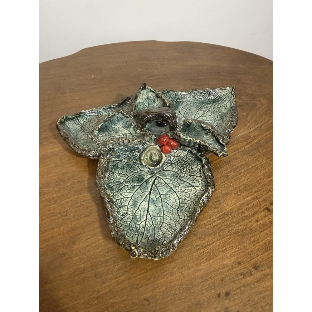 Handmade Green Leaf Pottery Footed Dish Charcuterie Display With RedBerry Accent - Picture 2 of 5